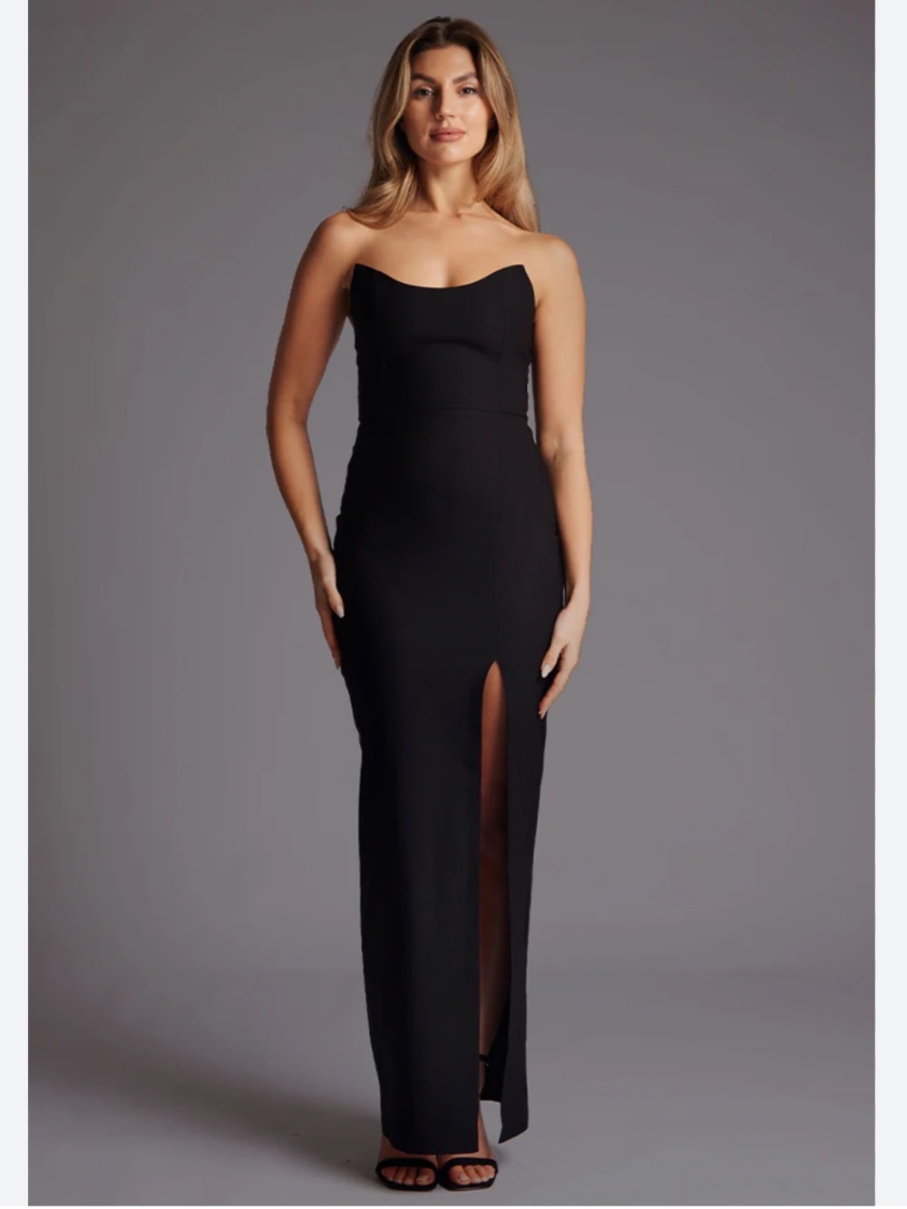 Strapless Black Slit Evening Gown